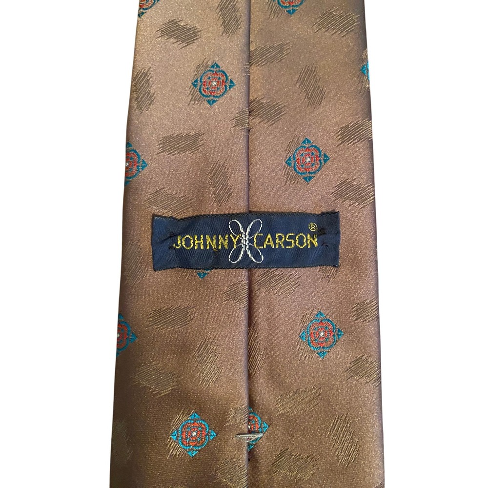 Johnny Carson Vintage Mens Tie Brown Geometric Medallion Silk Blend Made in USA
